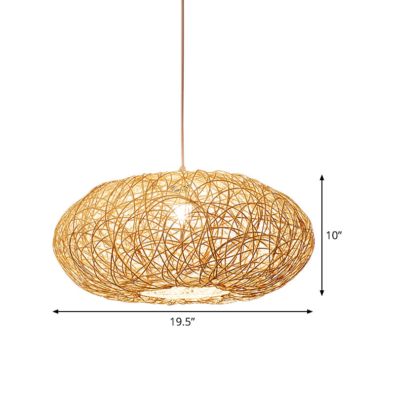 Chinese 1 Bulb Hanging Light Beige Lantern Pendant Lighting Fixture with Bamboo Shade Clearhalo 'Ceiling Lights' 'Pendant Lights' 'Pendants' Lighting' 369018