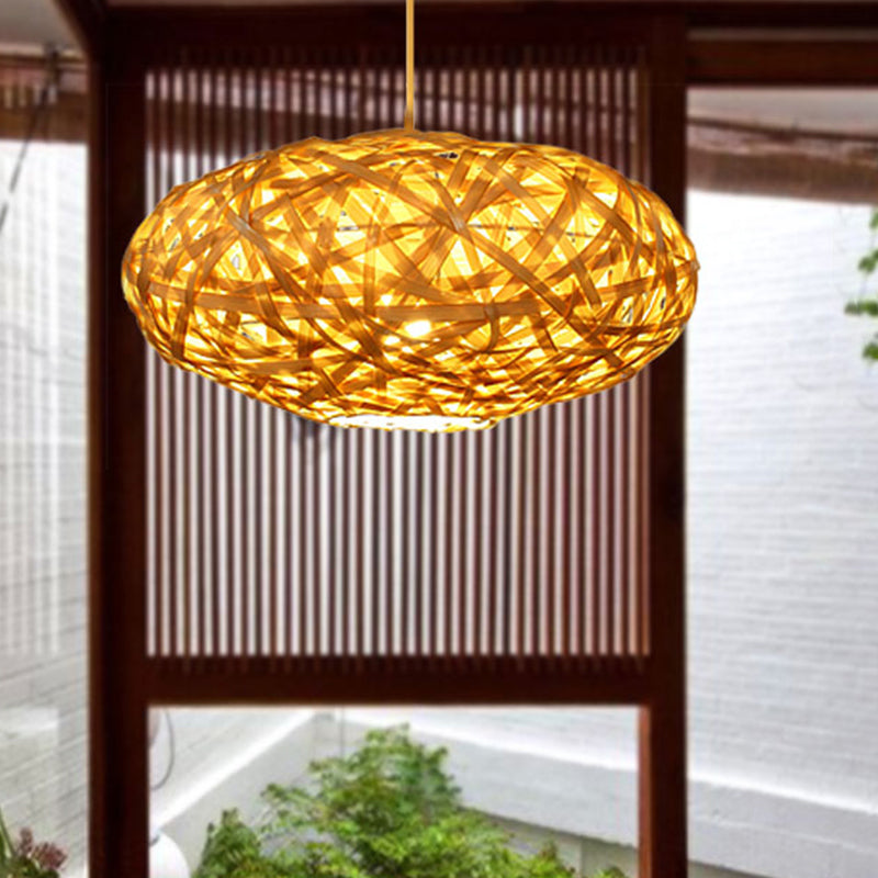 Oval Bamboo Ceiling Lamp Japanese 1 Head Beige Hanging Light Fixture for Restaurant Beige Clearhalo 'Ceiling Lights' 'Pendant Lights' 'Pendants' Lighting' 369019_6a075b04-b4ba-408e-a49d-59934021e1db