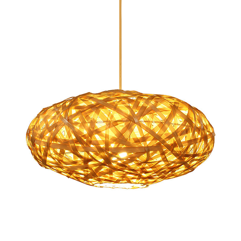 Oval Bamboo Ceiling Lamp Japanese 1 Head Beige Hanging Light Fixture for Restaurant Clearhalo 'Ceiling Lights' 'Pendant Lights' 'Pendants' Lighting' 369022