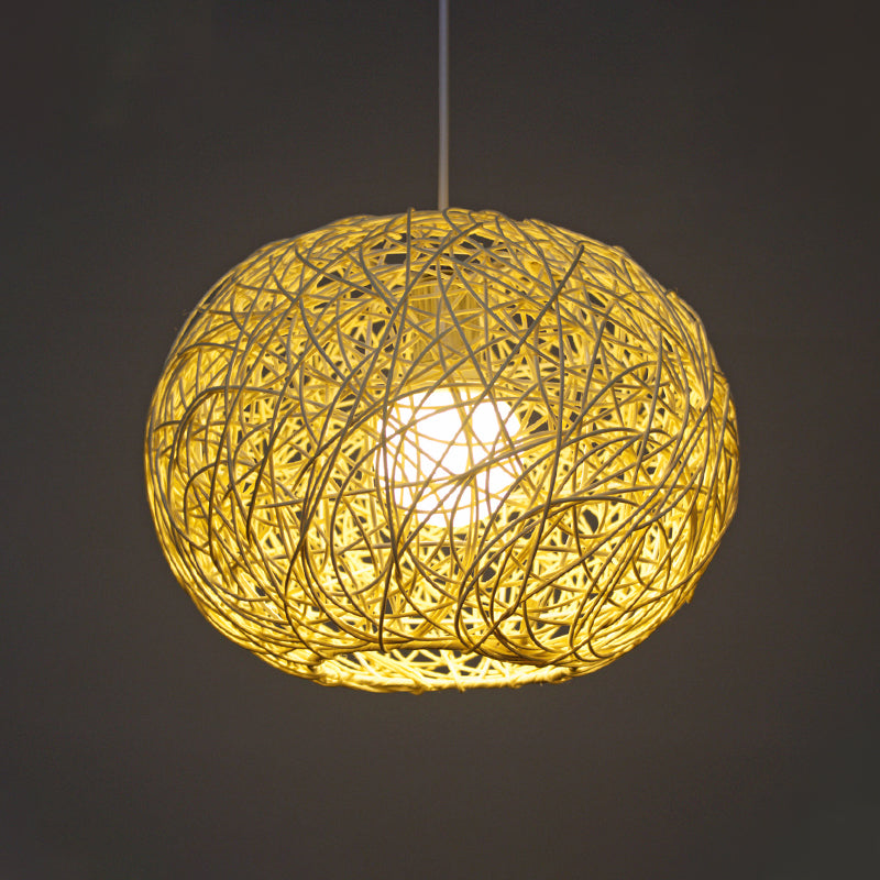 Spherical Pendant Lighting Asian Bamboo 1 Head Beige Ceiling Suspension Lamp, 8