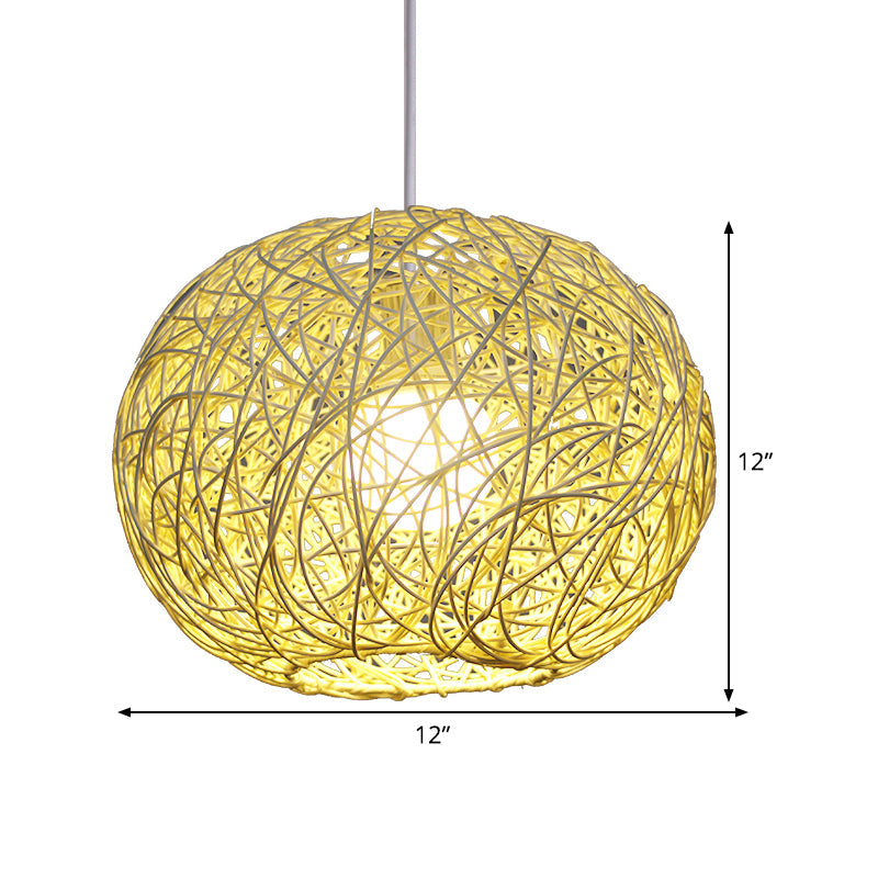 Spherical Pendant Lighting Asian Bamboo 1 Head Beige Ceiling Suspension Lamp, 8