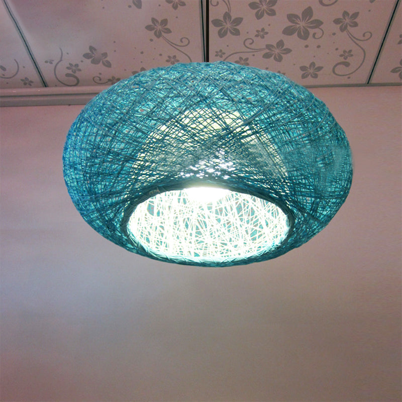 Asian 1 Bulb Pendant Lighting Blue Donut Ceiling Suspension Lamp with Rattan Shade Clearhalo 'Ceiling Lights' 'Pendant Lights' 'Pendants' Lighting' 369046