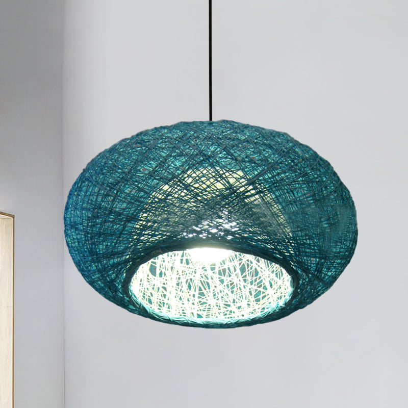 Asian 1 Bulb Pendant Lighting Blue Donut Ceiling Suspension Lamp with Rattan Shade Clearhalo 'Ceiling Lights' 'Pendant Lights' 'Pendants' Lighting' 369047