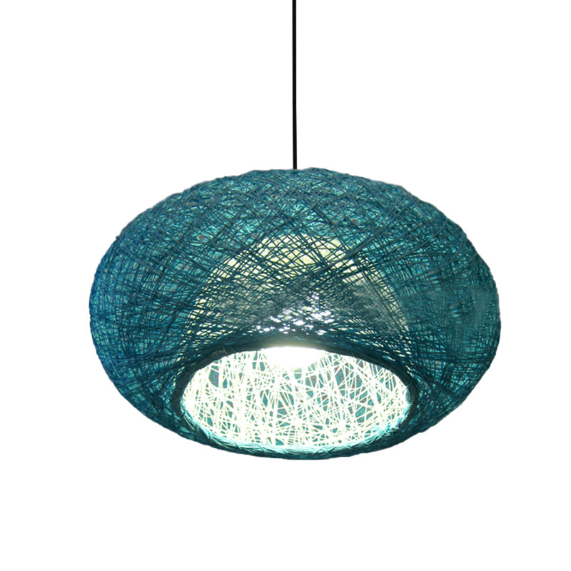 Asian 1 Bulb Pendant Lighting Blue Donut Ceiling Suspension Lamp with Rattan Shade Clearhalo 'Ceiling Lights' 'Pendant Lights' 'Pendants' Lighting' 369048