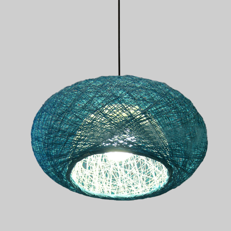 Asian 1 Bulb Pendant Lighting Blue Donut Ceiling Suspension Lamp with Rattan Shade Clearhalo 'Ceiling Lights' 'Pendant Lights' 'Pendants' Lighting' 369049