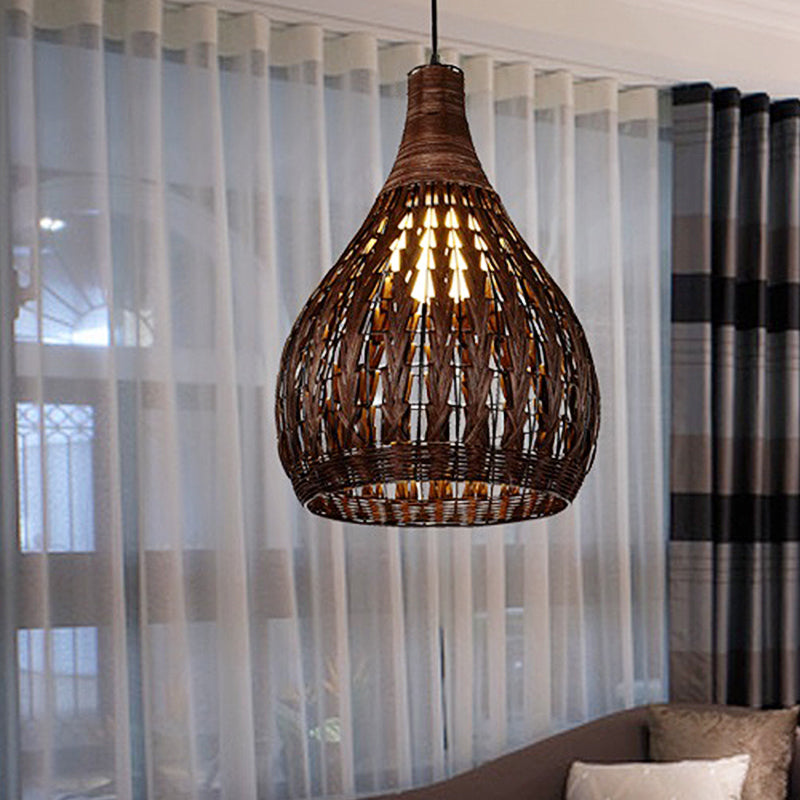 1 Head Bedroom Pendant Lamp Asian Coffee Ceiling Hanging Light with Jar Rattan Shade Clearhalo 'Ceiling Lights' 'Pendant Lights' 'Pendants' Lighting' 369078