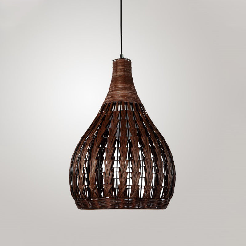 1 Head Bedroom Pendant Lamp Asian Coffee Ceiling Hanging Light with Jar Rattan Shade Clearhalo 'Ceiling Lights' 'Pendant Lights' 'Pendants' Lighting' 369081