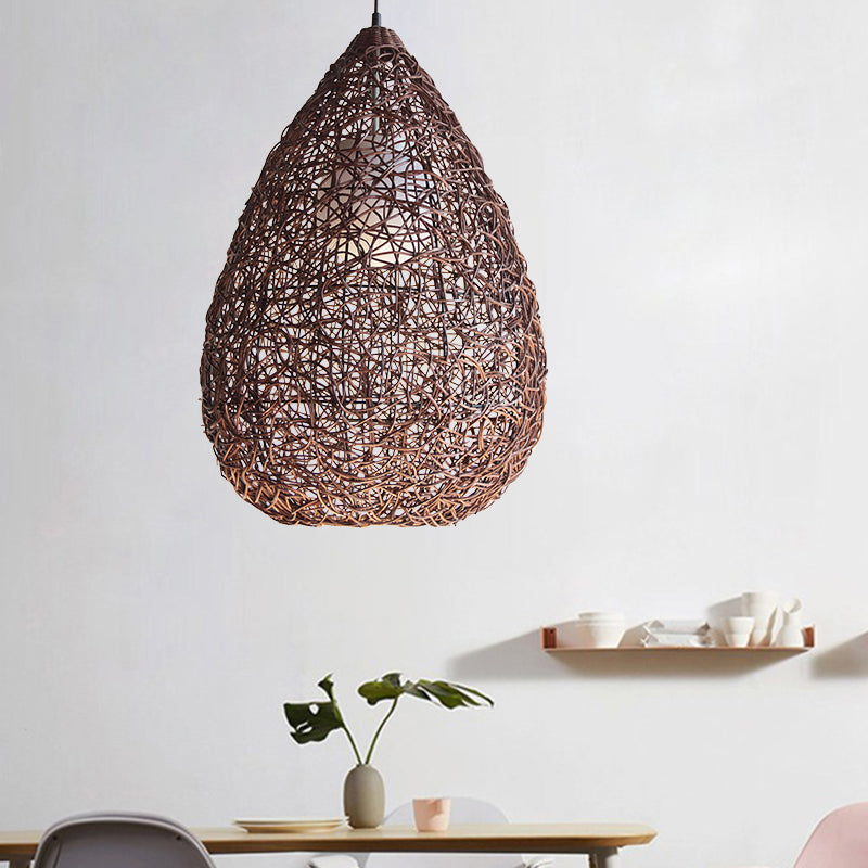 Chinese 1 Bulb Hanging Light Brown Pear Pendant Lighting Fixture with Rattan Shade Brown Clearhalo 'Ceiling Lights' 'Pendant Lights' 'Pendants' Lighting' 369098_9fbf6c0c-55f1-4ae2-a823-70bb51d49c81