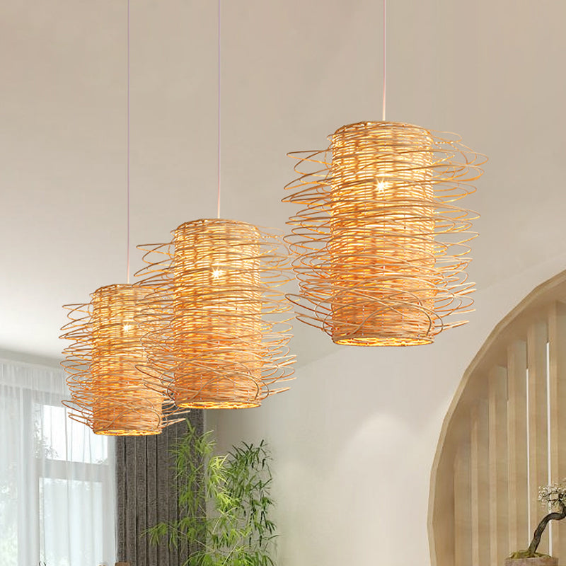 Japanese Cylindrical Pendant Lighting Rattan 1 Head Ceiling Suspension Lamp in Beige Clearhalo 'Ceiling Lights' 'Pendant Lights' 'Pendants' Lighting' 369115