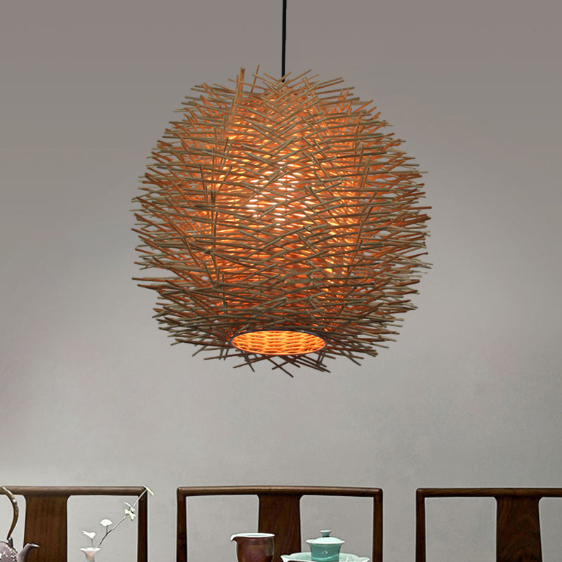1 Bulb Handcrafted Ceiling Light Chinese Rattan Suspended Lighting Fixture in Beige Beige Clearhalo 'Ceiling Lights' 'Pendant Lights' 'Pendants' Lighting' 369118_210a82fb-5a9a-464e-9d5a-91ccc9b01199