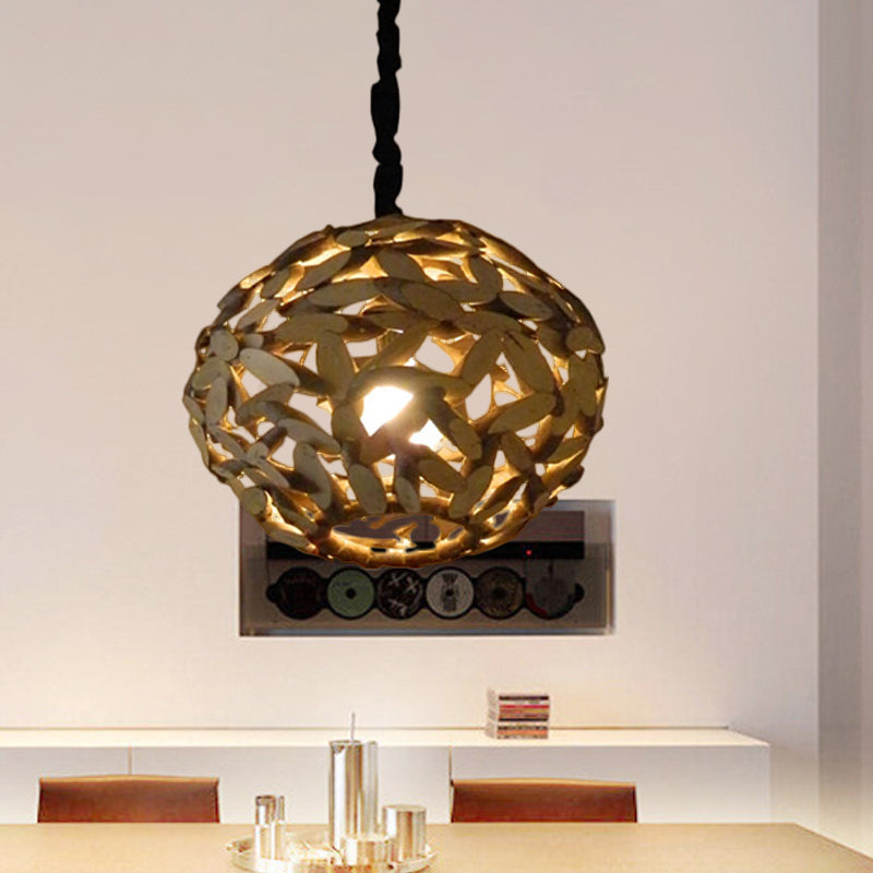 Sphere Wood Pendant Lamp Japanese 1 Head Brown Hanging Light Fixture for Bedroom Clearhalo 'Ceiling Lights' 'Pendant Lights' 'Pendants' Lighting' 369132