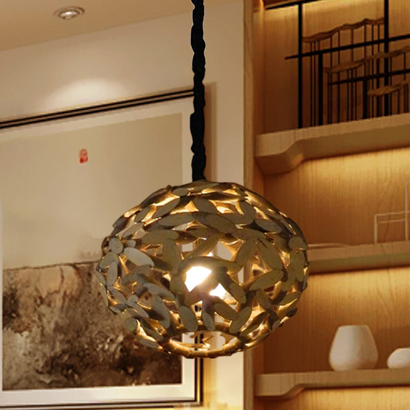 Sphere Wood Pendant Lamp Japanese 1 Head Brown Hanging Light Fixture for Bedroom Clearhalo 'Ceiling Lights' 'Pendant Lights' 'Pendants' Lighting' 369133