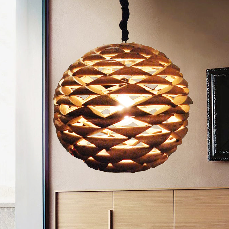 Spherical Hanging Light Asian Wood 1 Bulb Brown Pendant Lighting Fixture, 12