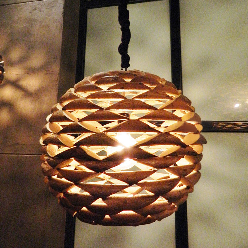 Spherical Hanging Light Asian Wood 1 Bulb Brown Pendant Lighting Fixture, 12