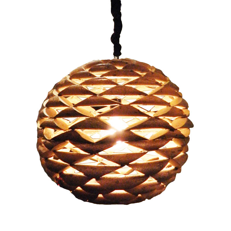 Spherical Hanging Light Asian Wood 1 Bulb Brown Pendant Lighting Fixture, 12