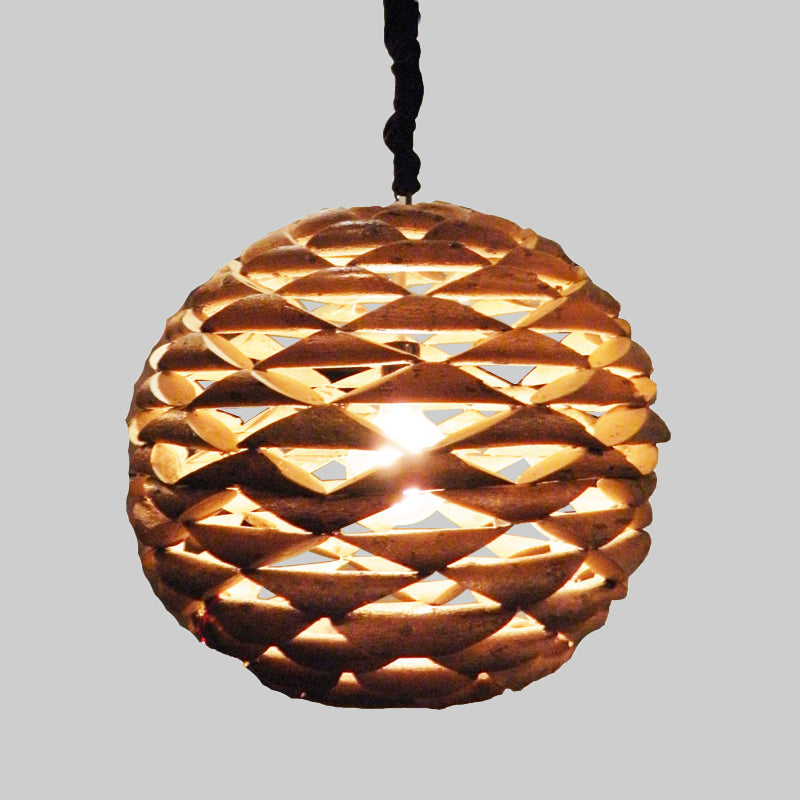 Spherical Hanging Light Asian Wood 1 Bulb Brown Pendant Lighting Fixture, 12