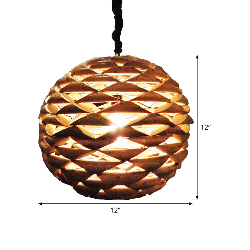 Spherical Hanging Light Asian Wood 1 Bulb Brown Pendant Lighting Fixture, 12