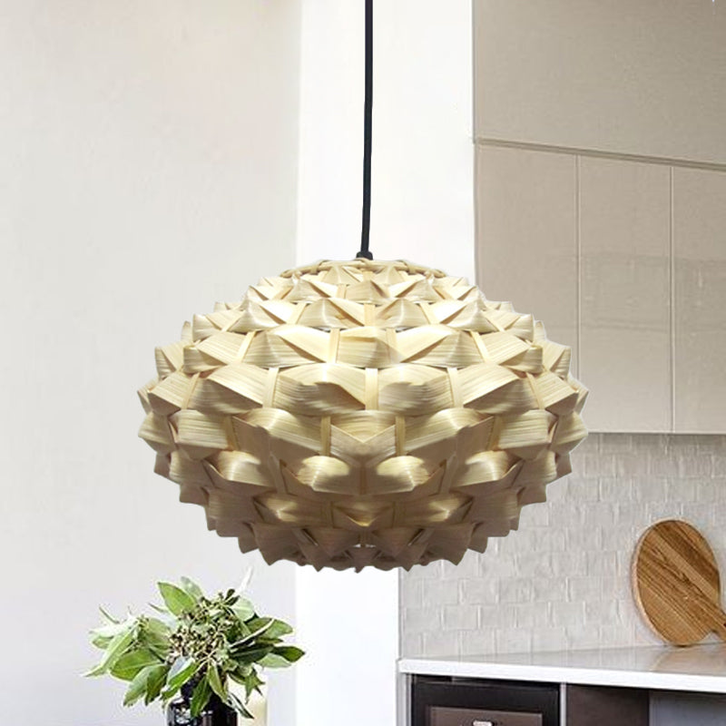 Lantern Hanging Lamp Asian Bamboo 1 Bulb Beige Pendant Lighting Fixture, 12