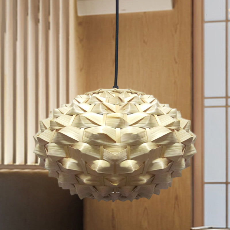 Lantern Hanging Lamp Asian Bamboo 1 Bulb Beige Pendant Lighting Fixture, 12