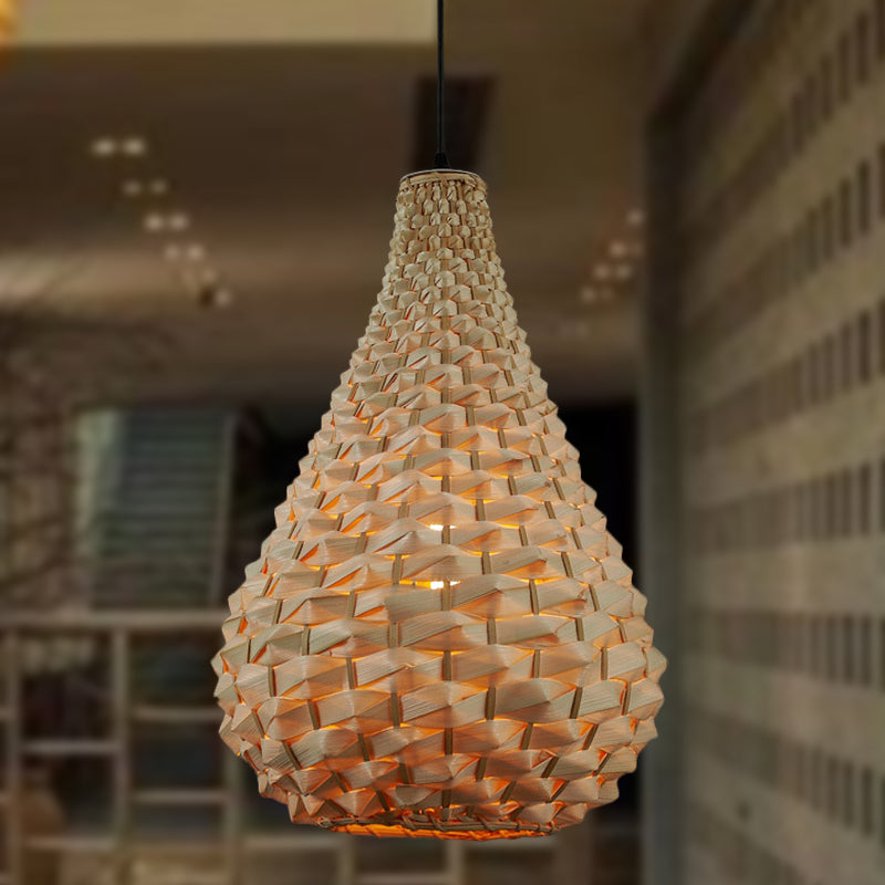 Gourd Pendant Lighting Japanese Bamboo 1 Head Beige Hanging Ceiling Light, 8.5