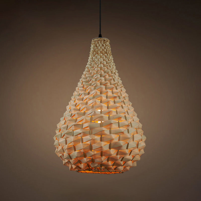 Gourd Pendant Lighting Japanese Bamboo 1 Head Beige Hanging Ceiling Light, 8.5