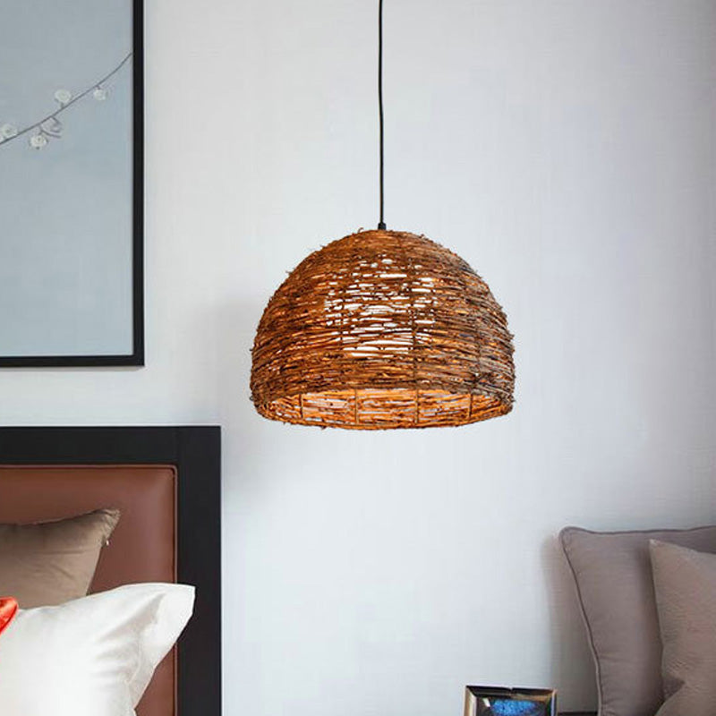 Dome Rattan Ceiling Lamp Chinese 1 Bulb Brown Hanging Light Fixture with Ball White Glass Shade Brown Clearhalo 'Ceiling Lights' 'Pendant Lights' 'Pendants' Lighting' 369811_ade3f817-9e5e-4e61-89b4-1cf1efc2a039