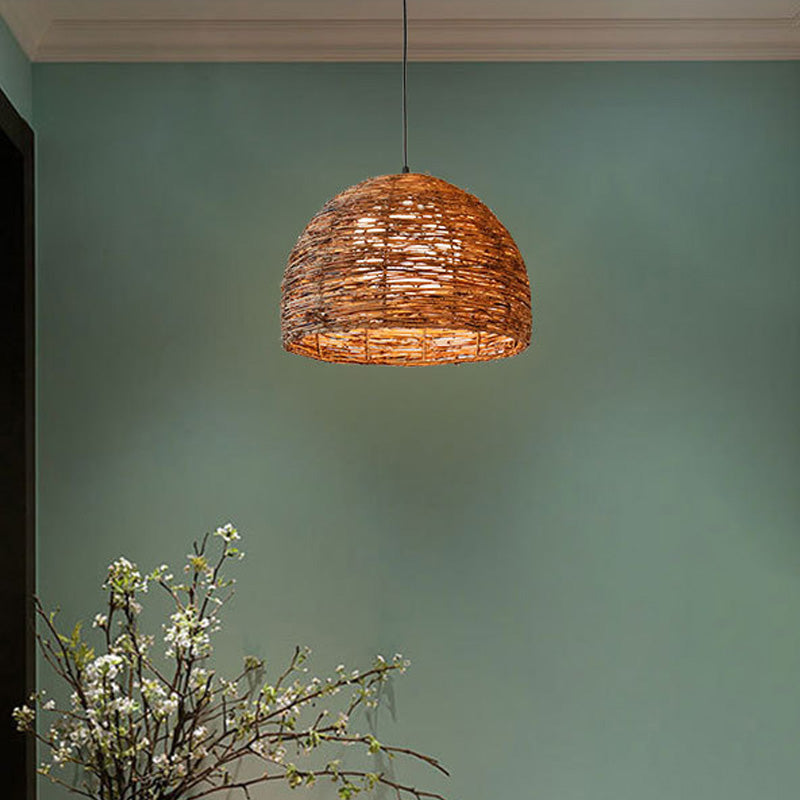 Dome Rattan Ceiling Lamp Chinese 1 Bulb Brown Hanging Light Fixture with Ball White Glass Shade Clearhalo 'Ceiling Lights' 'Pendant Lights' 'Pendants' Lighting' 369813