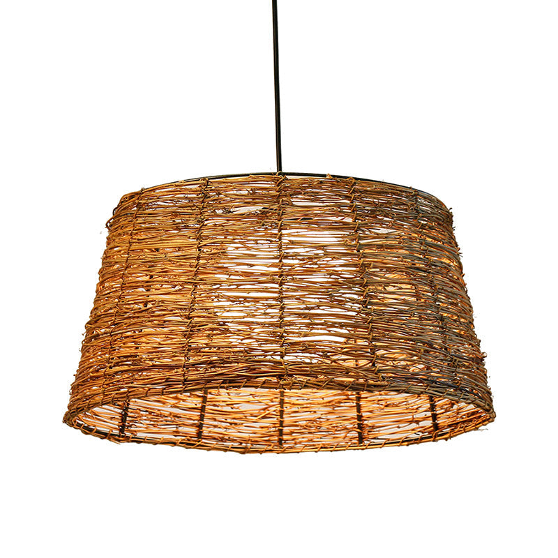 Flare Pendant Light Asian Rattan 1 Head Brown Ceiling Suspension Lamp with Orb Milk Glass Shade Clearhalo 'Ceiling Lights' 'Pendant Lights' 'Pendants' Lighting' 369823