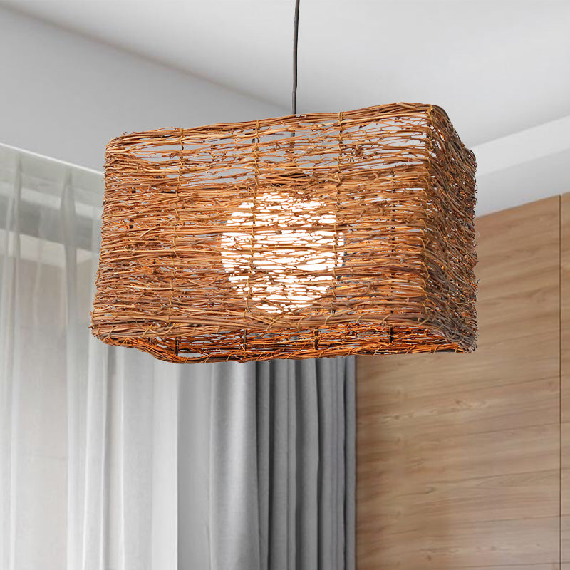 Chinese 1 Bulb Hanging Lamp Brown Rectangle Pendant Lighting Fixture with Rattan Shade Brown Clearhalo 'Ceiling Lights' 'Pendant Lights' 'Pendants' Lighting' 369831_d481700e-52ae-401f-8fd5-10905b12fcf4