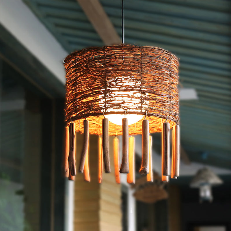 Rattan Drum Ceiling Lamp Asia 1 Bulb Brown Hanging Light Fixture with Globe Milky Glass Shade Brown Clearhalo 'Ceiling Lights' 'Pendant Lights' 'Pendants' Lighting' 369841_bae116b8-0a91-44ae-b5a3-e121554ab4e8