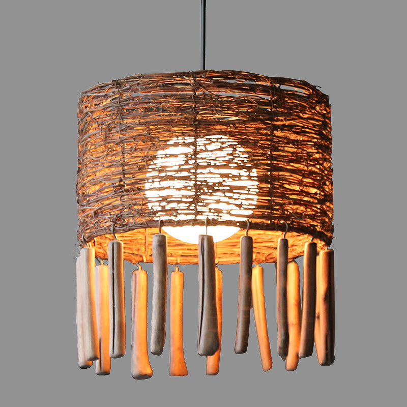 Rattan Drum Ceiling Lamp Asia 1 Bulb Brown Hanging Light Fixture with Globe Milky Glass Shade Clearhalo 'Ceiling Lights' 'Pendant Lights' 'Pendants' Lighting' 369844