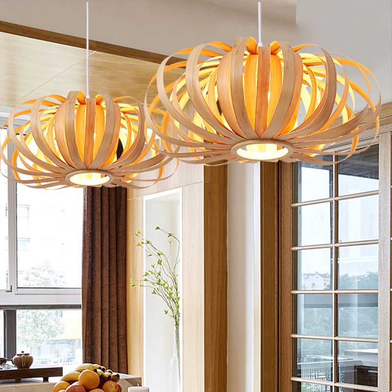 Beige Pumpkin Hanging Light Chinese 1 Head Wood Pendant Lighting Fixture for Restaurant Wood Clearhalo 'Ceiling Lights' 'Pendant Lights' 'Pendants' Lighting' 369916_b1231c8d-21ed-44e7-8130-c04dc89e72b9