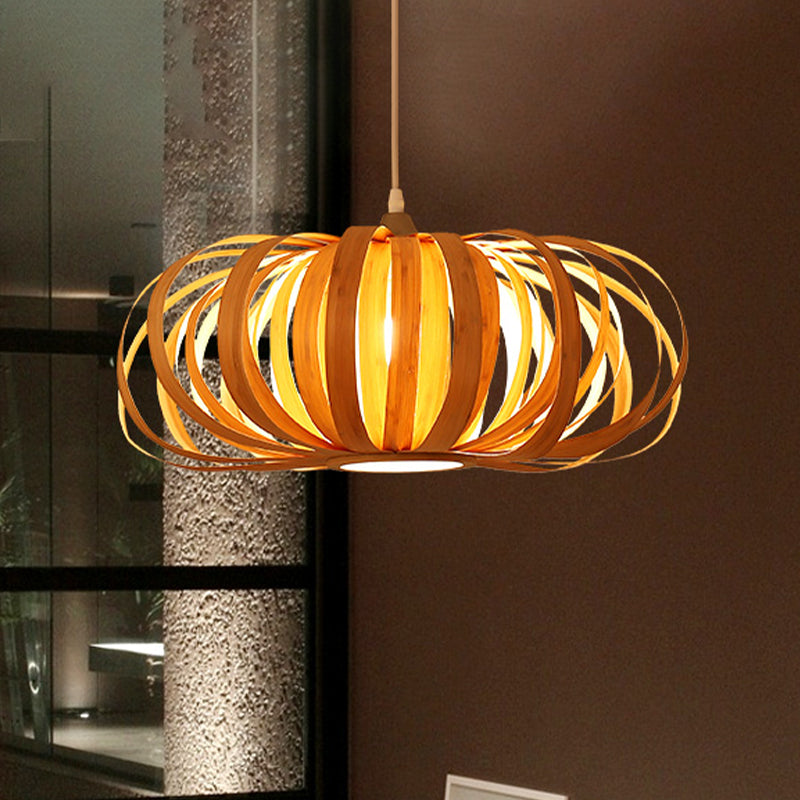 Beige Pumpkin Hanging Light Chinese 1 Head Wood Pendant Lighting Fixture for Restaurant Clearhalo 'Ceiling Lights' 'Pendant Lights' 'Pendants' Lighting' 369917