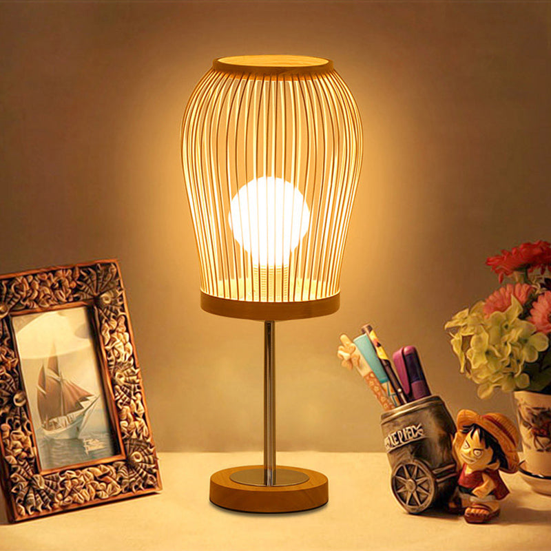 Lantern Task Lighting Chinese Bamboo 1 Bulb Beige Small Desk Lamp for Living Room Clearhalo 'Lamps' 'Table Lamps' Lighting' 369952