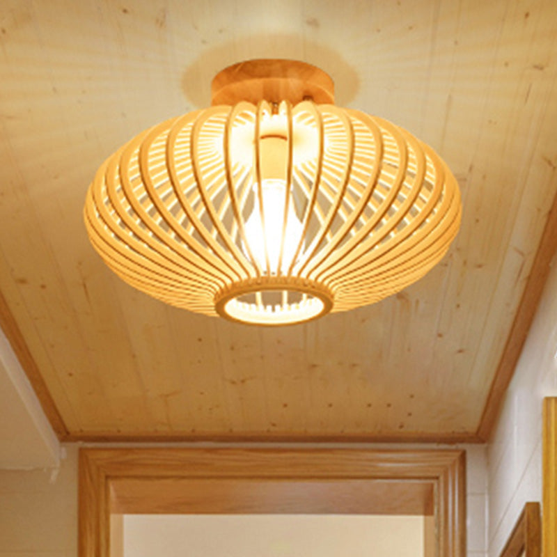 Wood Laser Cut Semi Flush Mount Japanese 1 Bulb Close to Ceiling Lighting in Beige Clearhalo 'Ceiling Lights' 'Close To Ceiling Lights' 'Close to ceiling' 'Semi-flushmount' Lighting' 370062
