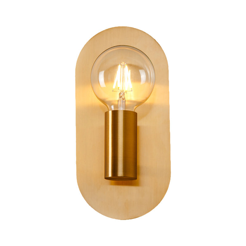 1 Head Exposed Bulb Wall Mount Lamp with Oval Metal Backplate Post Modern Wall Lighting in Gold Clearhalo 'Cast Iron' 'Glass' 'Industrial' 'Modern wall lights' 'Modern' 'Tiffany' 'Traditional wall lights' 'Vanity Lights' 'Wall Lights' Lighting' 370156