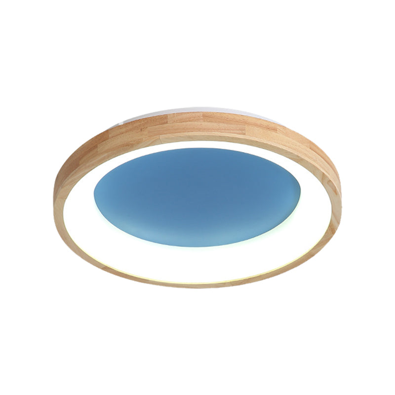 Wood Circular Thin Flushmount Lighting Nordic Style Green/Blue LED Ceiling Mounted Light, 12