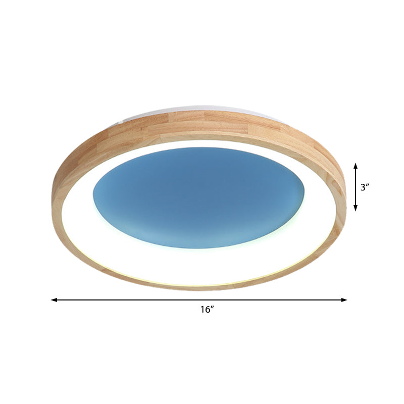 Wood Circular Thin Flushmount Lighting Nordic Style Green/Blue LED Ceiling Mounted Light, 12