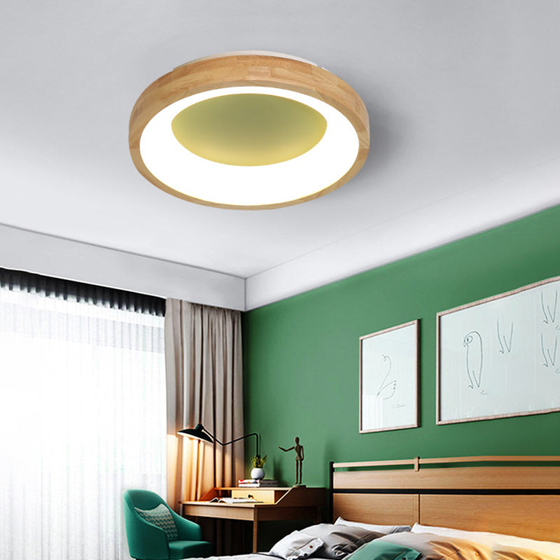 Wood Circular Thin Flushmount Lighting Nordic Style Green/Blue LED Ceiling Mounted Light, 12