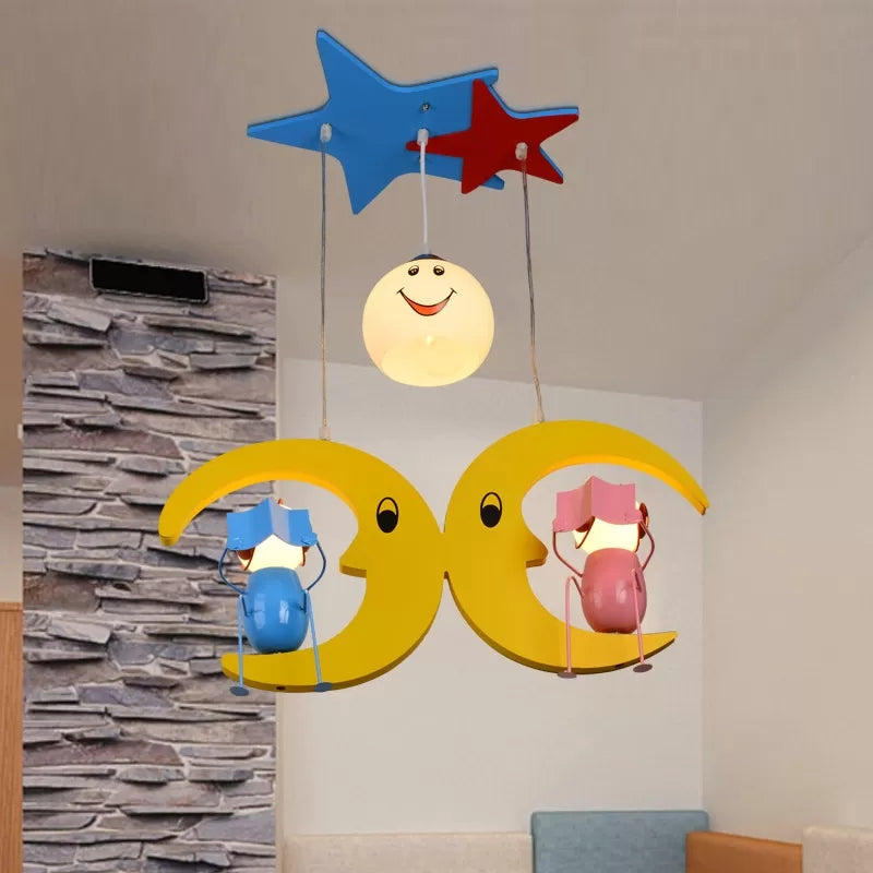 Lovely Moon Hanging Light with Couple Wood 3 Lights Yellow Pendant Light for Nursing Room Yellow Clearhalo 'Ceiling Lights' 'Pendant Lights' 'Pendants' Lighting' 37081_1296f76e-77a0-4735-b4d1-37cc74dbcbb5