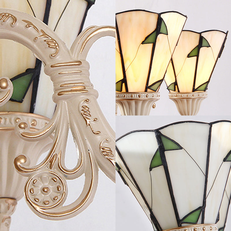 Tiffany Cone Pendant Light 9/11 Lights Stained Glass Chandelier in Beige with Leaf Pattern Clearhalo 'Ceiling Lights' 'Chandeliers' 'Industrial' 'Middle Century Chandeliers' 'Tiffany Chandeliers' 'Tiffany close to ceiling' 'Tiffany' Lighting' 37141