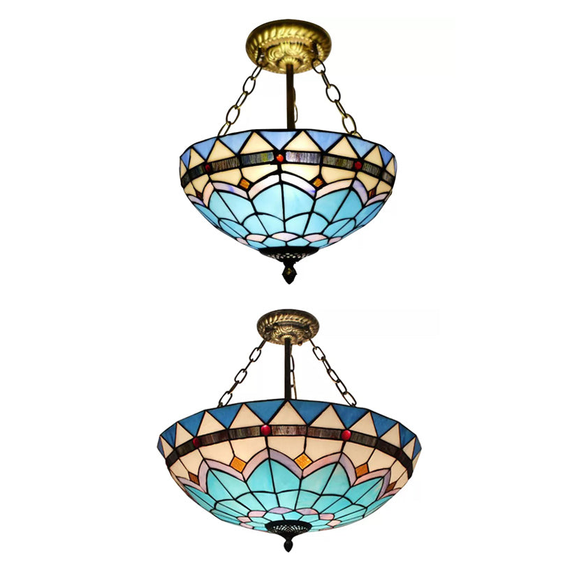 Blue/Sky Blue Glass Bowl Chandelier Light with Scalloped Edge Baroque Style 12