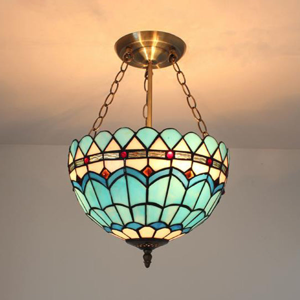 Blue/Sky Blue Glass Bowl Chandelier Light with Scalloped Edge Baroque Style 12