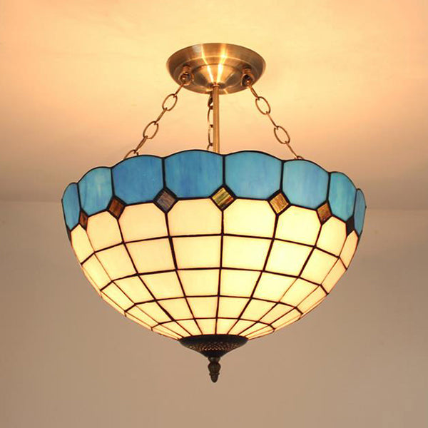 Semi Globe Hanging Chandelier with Hanging Rod Stained Glass Foyer Pendant Light in Blue/Brown Blue Clearhalo 'Ceiling Lights' 'Chandeliers' 'Close To Ceiling Lights' 'Close to ceiling' 'Glass shade' 'Glass' 'Semi-flushmount' 'Tiffany close to ceiling' 'Tiffany' Lighting' 37614