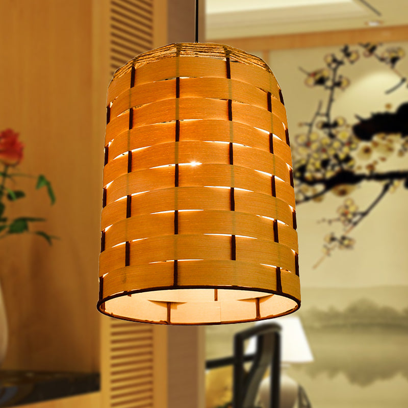 Cylinder Down Lighting Chinese Wood 1 Head Beige Hanging Ceiling Light, 10