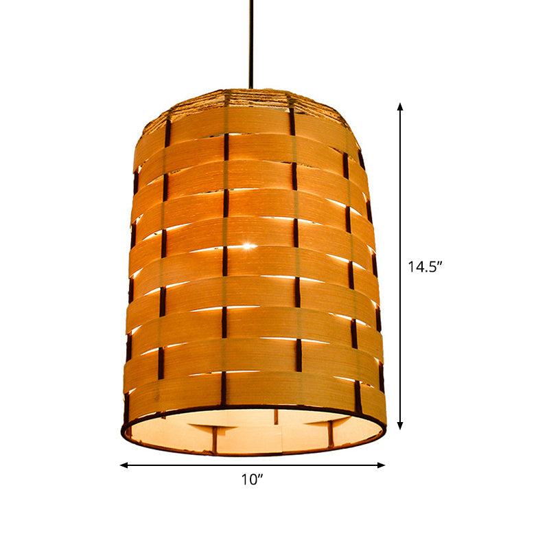 Cylinder Down Lighting Chinese Wood 1 Head Beige Hanging Ceiling Light, 10