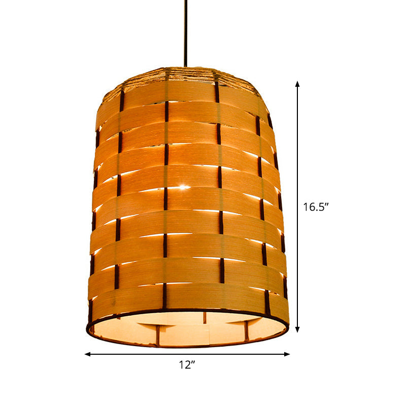 Cylinder Down Lighting Chinese Wood 1 Head Beige Hanging Ceiling Light, 10