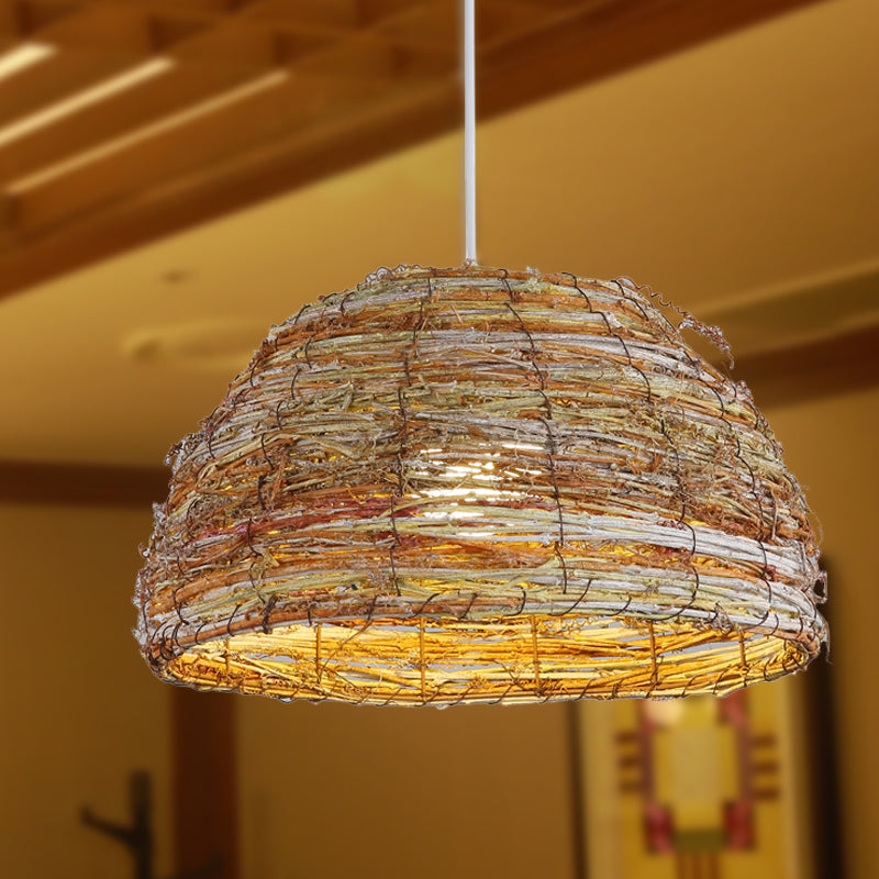 Rattan Dome Hanging Lamp Chinese 1 Head Flaxen Pendant Lighting Fixture for Teahouse Clearhalo 'Ceiling Lights' 'Pendant Lights' 'Pendants' Lighting' 379707