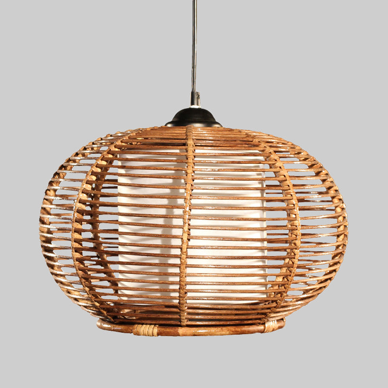 Coffee Pumpkin Hanging Lamp Asia 1 Head Rattan Ceiling Pendant Light with Tube White Parchment Shade Clearhalo 'Ceiling Lights' 'Pendant Lights' 'Pendants' Lighting' 379737