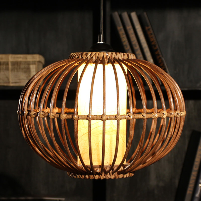 Bamboo Lantern Ceiling Light Asian 1 Bulb Brown Pendant Lighting Fixture with Inner Cylinder Parchment Shade Clearhalo 'Ceiling Lights' 'Pendant Lights' 'Pendants' Lighting' 379740